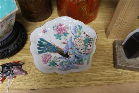 Two Chinese famille rose dishes, a figure of a boy, a porcelain brush pot and a bamboo brush pot tallest 28cm